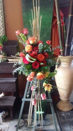 Bamboo Cross Flower Arrangement With Roses