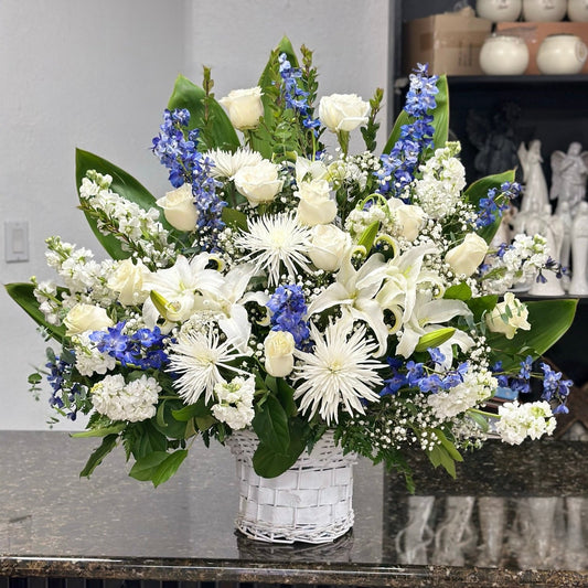 white and blue basket