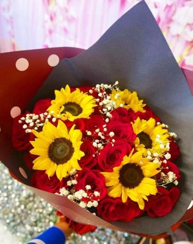 2 Dozen Red Roses with Sunflowers