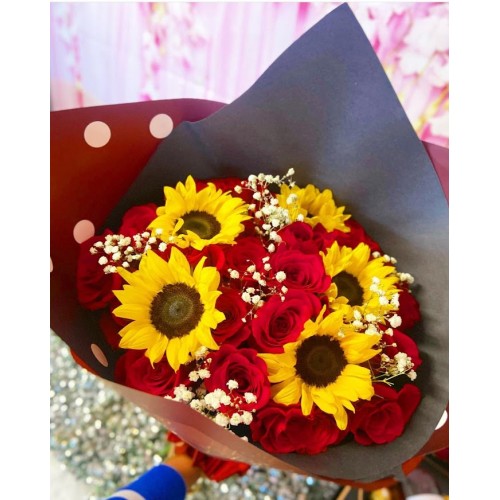 2 Dozen Red Roses with Sunflowers